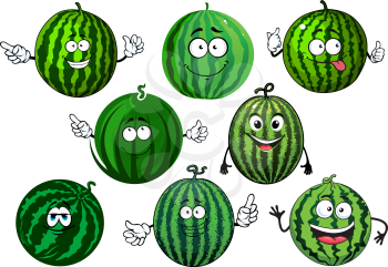 Sweet green striped watermelon fruits cartoon characters with cheerful smiling faces, isolated on white