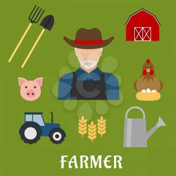 Farmer profession flat icons with man in blue overalls and hat, surrounded by tractor, shovel, pitchfork, chicken on nest with eggs, wheat field, barn and watering can