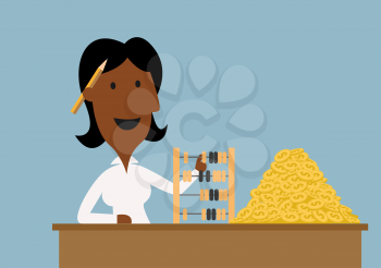 Cartoon happy african american businesswoman using retro wooden abacus to count golden dollar coins on table, for wealth or financial success theme design