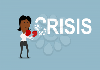 Happy african american cartoon businesswoman beats and breaks crisis with red boxing gloves, for crisis management theme concept 