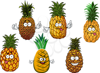 Funny juicy tropical pineapple fruits cartoon characters with tufts of fresh green leaves on tops, isolated on white