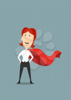 Cartoon brave businesswoman standing in hero red cape standing with hands on hips, for success or leadership concept design
