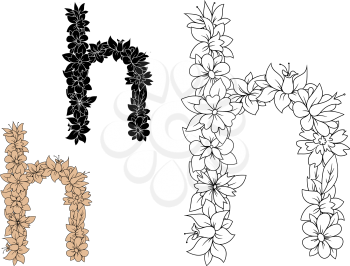 Floral letter h in lowercase font, composed of outline spring flowers and leafy branches in colorless, brown and black variations