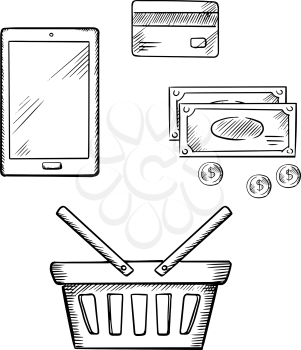 Tablet pc with shopping basket, credit card, dollar bills and coins. Sketch icons for online shopping and e-commerce design