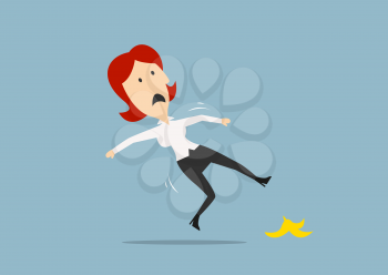 Redhead businesswoman slipped on a banana peel and falling down on the floor. Cartoon flat style