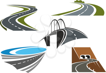 Road bridge, winding highways with green roadsides and mountain road tunnels icons set, for transportation theme design