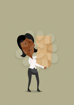 African american businesswoman carefully carrying a tall stack of cardboard boxes.  For overwork or delivery theme design