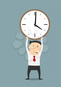 Serious businessman holding clock over head, for time management or deadline theme design. Cartoon style