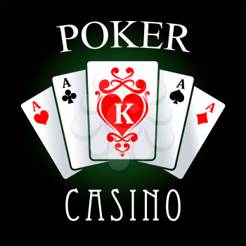 Poker casino game symbol of four of a kind hand with four aces and king of hearts cards, decorated by swirling red ornament. For gaming industry design 