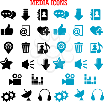 Social media icons with chat speech bubbles, mail, load arrows, thumb up, map pin, home page, favorite star and heart, video, contacts, playlist, equalizer, trash, gears, headphones, antenna, speaker