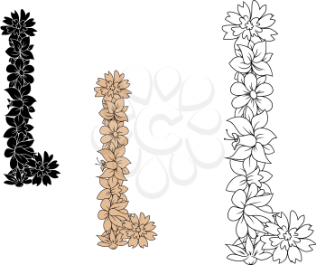 Retro capital letter L with blooming flowers in outline style, including black and brown color variations
