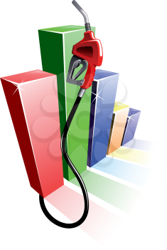 Falling bar graph with red gasoline pump nozzle, for oil and gas price concept design