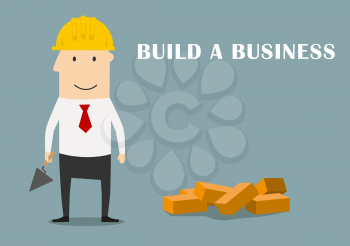 Cartoon successful businessman in yellow hard hat with trowel and bricks building a new business, for start-up theme design