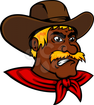 Brave cartoon african american cowboy character with lush moustache and brown leather hat, for wild west adventure or farming themes design 