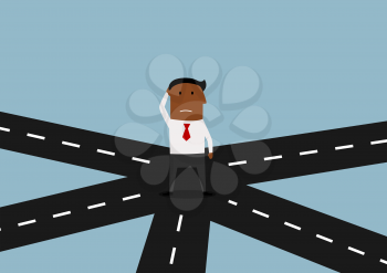 Pensive african american businessman standing on crossroad and thinking about direction of his business strategy. Cartoon flat character 