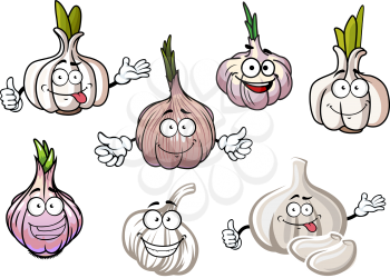 White, gray and silvery pink bulbs of garlic vegetables cartoon characters with sprouted spicy green leaves and smiling faces, for agriculture harvest design