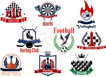 Sport game icons or emblems with football or soccer, chess, volleyball, ice hockey, darts, basketball, bowling and billiards items with heraldic elements