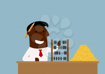 Happy cartoon african american businessman counting money with wooden abacus. Success and wealth concept themes design