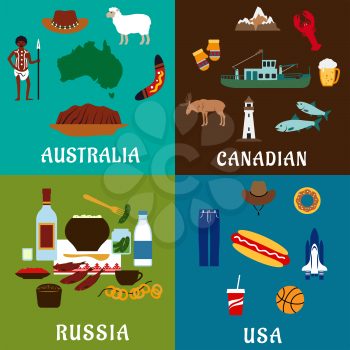 Russia, Canada, USA and Australia travel flat icons with traditional culture, history, industry, landmark, nature and national cuisine elements