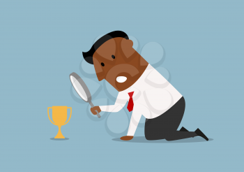 Confused cartoon african american businessman looking at small trophy cup through magnifying glass