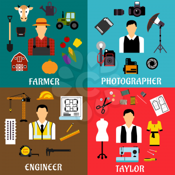 Farmer, engineer, photographer and tailor profession flat icons with agriculture, construction and design equipment or items