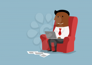 Cartoon african american businessman working with laptop and sitting in comfortable armchair. Home office or wireless technology concept design