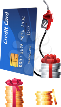 Bank credit card with gas pump nozzle and stacks of golden and silver coins with red gift ribbon bows. Promotional extra bonus or sale concept