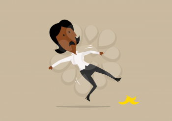 Confused cartoon african american businesswoman slipped on a banana peel. Accident or business failure themes design