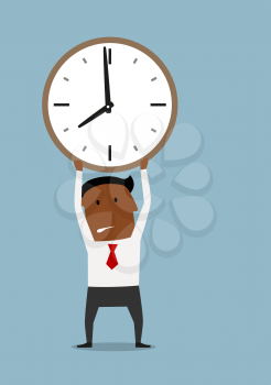 Exhausted cartoon african american businessman holding clock above head. Deadline pressure or timeout design
