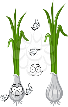 Cartoon spring green onion vegetable with spicy white bulb and long fresh leaves. Healthy vegetarian food or natural spices themes usage
