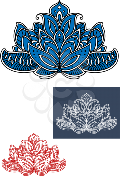 Blue  and white indian paisley flower adorned by carved ornament with traditional flourishes and curls. Isolated on white