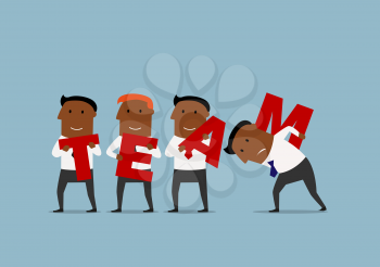 Happy cartoon team of african american businessmen are carrying big red letters to connect the word Team. Business team, teamwork and partnership concept 