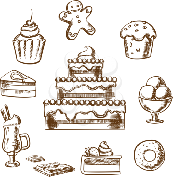 Sweet desserts icons with three tiered cake decorated with cream, berries, cupcakes, ice cream, donut, slices of honey cake and cheesecake, gingerbread man and hot chocolate. Sketch style