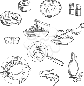 Healthy food sketch icons of sushi roll and nigiri, pasta and spaghetti with sauce, raw beef steaks, grilled fish, shrimp, fried eggs with sausages, olive oil bottle, salt and pepper 