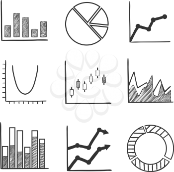 Business statistical charts and graphs with a pie graph, bar graphs, arrow graphs and flow chart with various performance trends. Sketch style icons