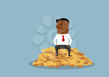 Cartoon wealthy and happy african american businessman with complacent smile sitting on shining gold bars. Wealth, richness, abundance or success concept design usage