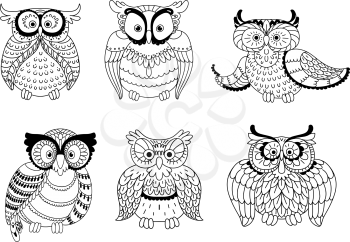 Colorless decorative owls, cute little owlets and old wise eagle owls with ornamental wings and big eyes. Childish book, Halloween or mascot usage