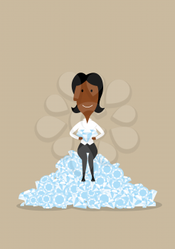 Wealth, success, richness and abundance concept. Cartoon happy african american businesswoman sitting on precious diamonds 