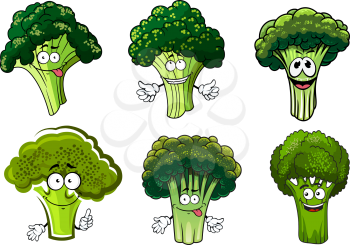 Organic farm cartoon broccoli vegetables with green stalks and lush heads. Funny cabbage family characters for vegetarian food menu, agriculture harvest or farm market design