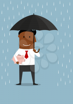 Cartoon businessman protecting piggy bank with money from the rain under umbrella. Financial crisis and savings protection usage