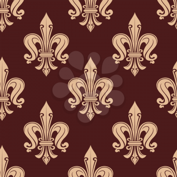 Elegant seamless royal fleur-de-lis pattern with beige floral motif over brown or maroon background. Wallpaper, textile or interior design usage
