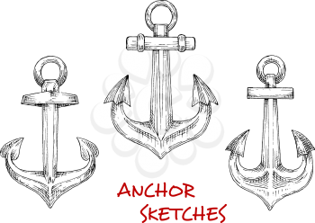 Nautical heraldic sketch icons of vintage decorative marine anchors. May be use as navy emblem or tattoo design 