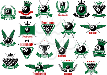 Billiards, pool and snooker sport icons for poolroom or competition emblems design with balls, cues, tables, winged and crowned lucky black balls, trophy cups, medieval shields, wreaths, ribbon banner