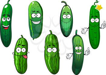 Green ripe cucumber vegetables cartoon characters. Healthy vegetables for agriculture harvest, recipe book and vegetarian food design