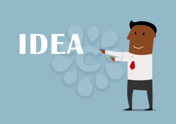 Presentation of a new idea business concept. Confident smiling african american businessman pointing to Idea