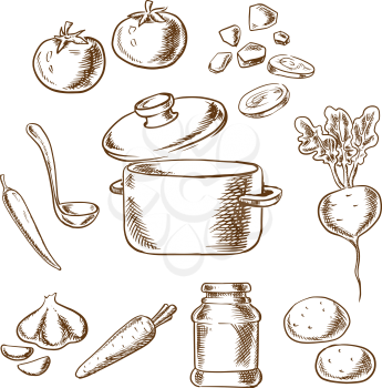 Sketch vector recipe of vegetarian soup with cooking pot and ladle surrounded by cabbage, beet, garlic, onion, carrot, tomato and potato vegetables and spices