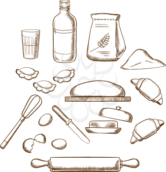 Process of kneading dough with icons of dough, milk, butter, eggs, flour and kitchen utensils. Sketched icons