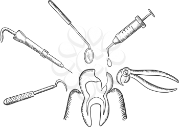 Teeth and dentistry concept in sketch style with a tooth being targeted by dental tools, drill, mirror, an injection and pliers