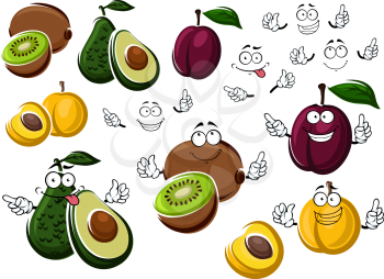 Avocado pear, purple plum, yellow peach and fresh kiwi. Healthy cartoon tropical fruits halved and whole in two variations with or without smiling faces. Vector illustration isolated on white