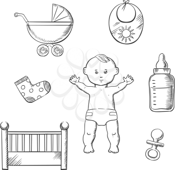 Baby sketch design with a cute little baby in a nappy encircled by a cot, crib, pushchair, booties, bib, bottle, and dummy. Vector illustration